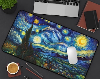 May include: A rectangular desk mat featuring Van Gogh's "Starry Night" painting. The mat has a black border and a vibrant depiction of the night sky with swirling blues, yellows, and greens. A white computer mouse rests on the mat.