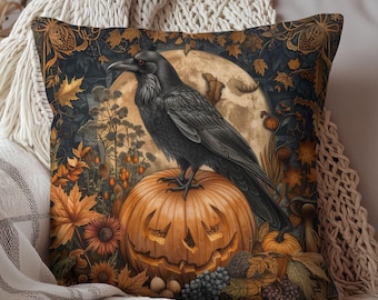 Raven Pumpkin Halloween Pillow, Gothic Crow & Jack-o'-Lantern Decor, Fall Autumn Throw Pillow