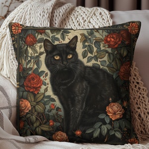Vintage Black Cat Roses Garden Decorative Pillow William Morris Inspired | Cottage-core Pillow