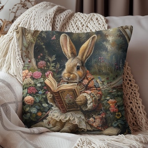 William Morris inspired Rococo Bunny With Vintage Book Decorative Pillow | Cottage-core Pillow