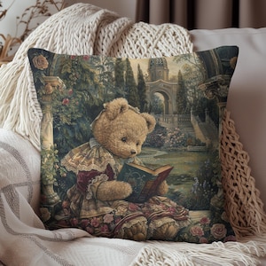 William Morris Inspired Rococo Teddy Bear Vintage Book Victorian Home Decor Throw Pillow
