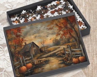 Halloween Farmhouse Spooky Pumpkin Patch, Country Cottage Fall Decor Jigsaw Puzzle (120, 252, 500-Piece)