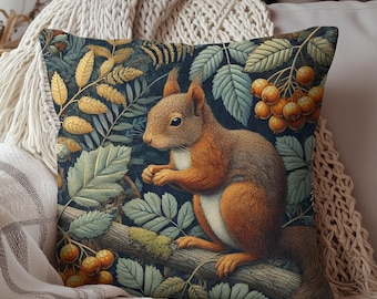 William Morris Inspired Woodland Squirrel Orange Berry Cottagecore Decorative Pillow