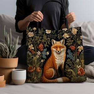 Botanical Fox Tote Bag: William Morris Inspired Floral Carryall
