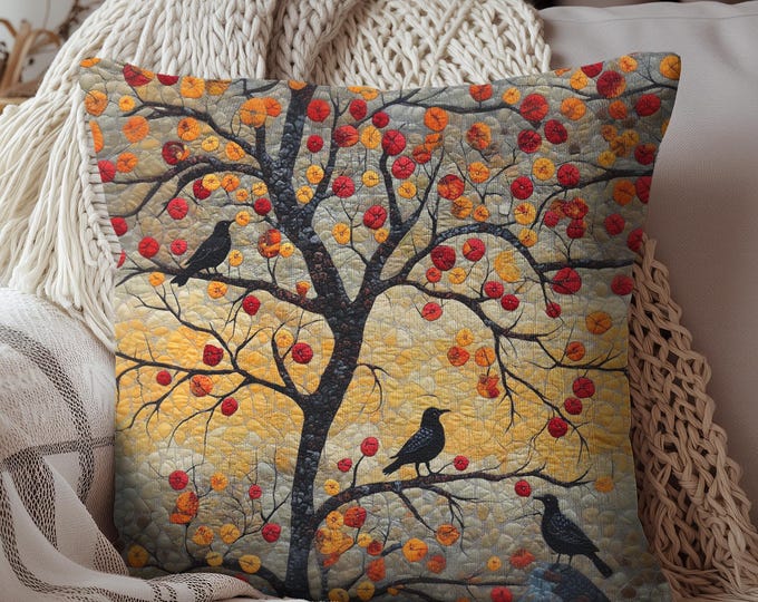 Crows With Autumn OakTree Decorative Pillow, Mosaic Art Style, Fall Pillow Home Decor