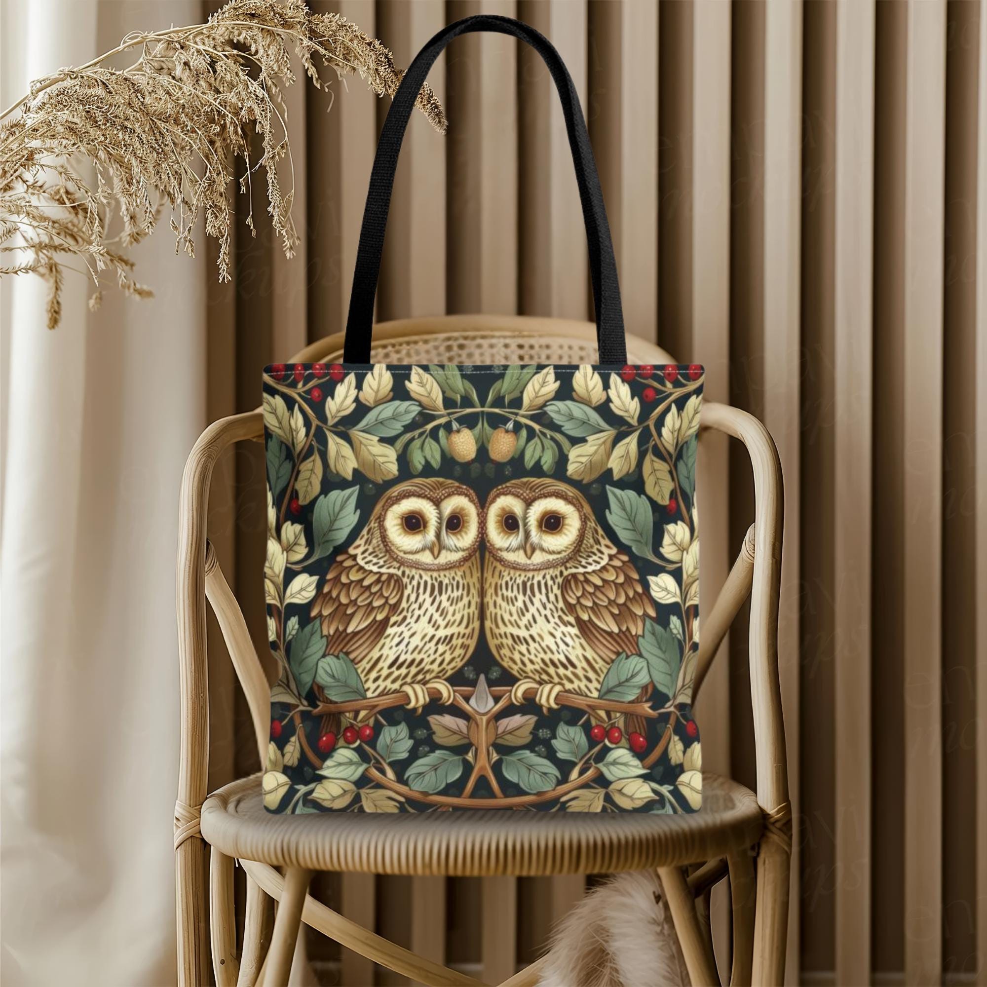 Botanical Barn Owls Tote Bag, William Morris Inspired, Whimsical Woodland Bird Market Bag