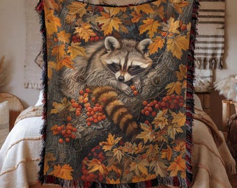 William Morris Raccoon Woven Blanket: Autumn Woodland Throw
