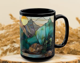 Stained Glass Mountain Forest Mug: Scenic Nature Coffee Cup