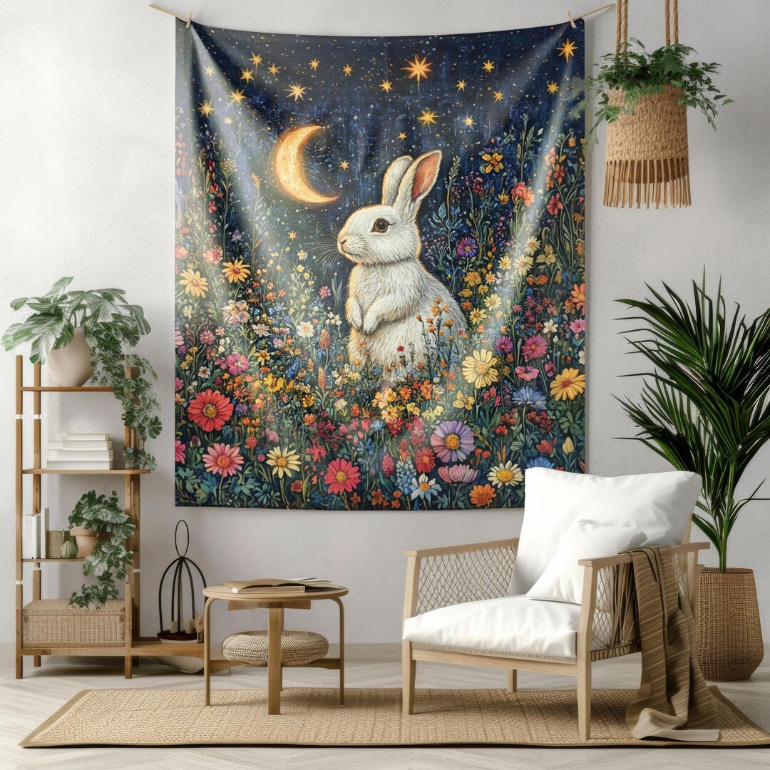 William Morris Inspired Victorian Rabbit Moon Wildflowers Cottagecore ...