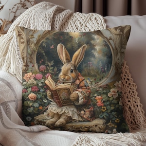 William Morris inspired Rococo Bunny With Vintage Book Decorative Pillow | Cottage-core Pillow