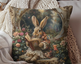 William Morris inspired Rococo Bunny With Vintage Book Decorative Pillow | Cottage-core Pillow