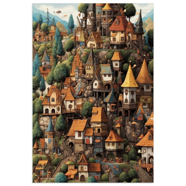 1,000 Pieces whimsical fantasy village Jigsaw Puzzle, Cottagecore Puzzle, Family Puzzle Game.