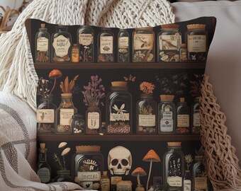 Gothic Apothecary Pillow, Witchcraft Potion Shelf Dark Academia Throw Cushion, Spooky Halloween Decor