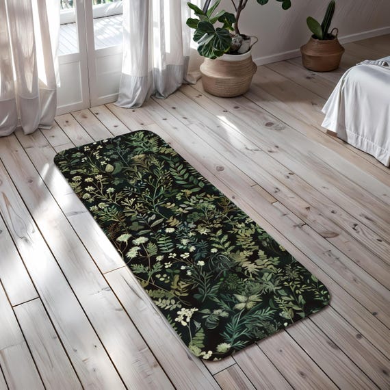 Green Botanical Yoga Mat: Non-Slip Exercise, Art Deco Peacock Print