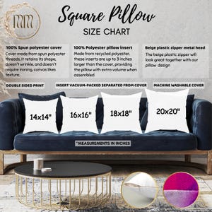 May include: Size chart for square pillows with different measurements in inches. The chart shows four different sizes: 14x14 inches, 16x16 inches, 18x18 inches, and 20x20 inches. The pillows are shown on a blue couch with a coffee table in front of it.