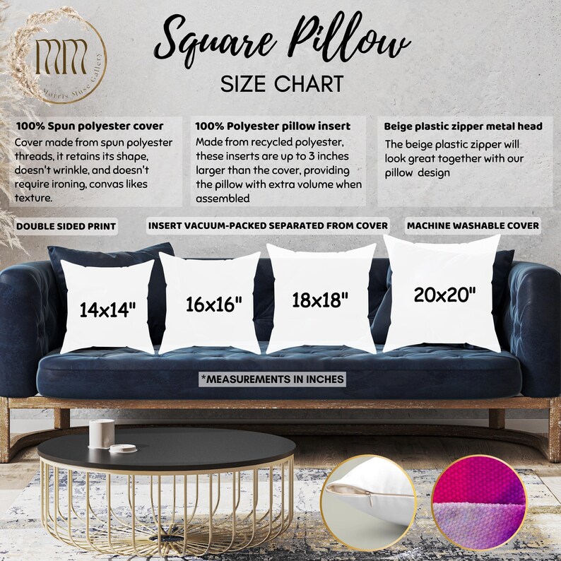 May include: Size chart for square pillows with different measurements in inches. The chart shows four different sizes: 14x14 inches, 16x16 inches, 18x18 inches, and 20x20 inches. The pillows are shown on a blue couch with a coffee table in front of it.