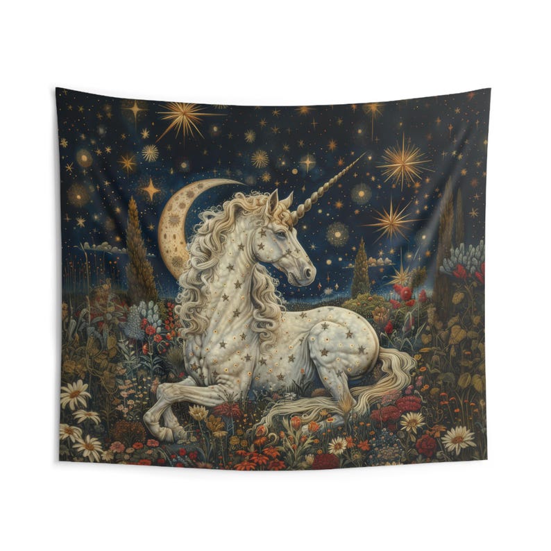 Tapestry of Crescent Moon Whimsical Night White Unicorn Tapestry Wall