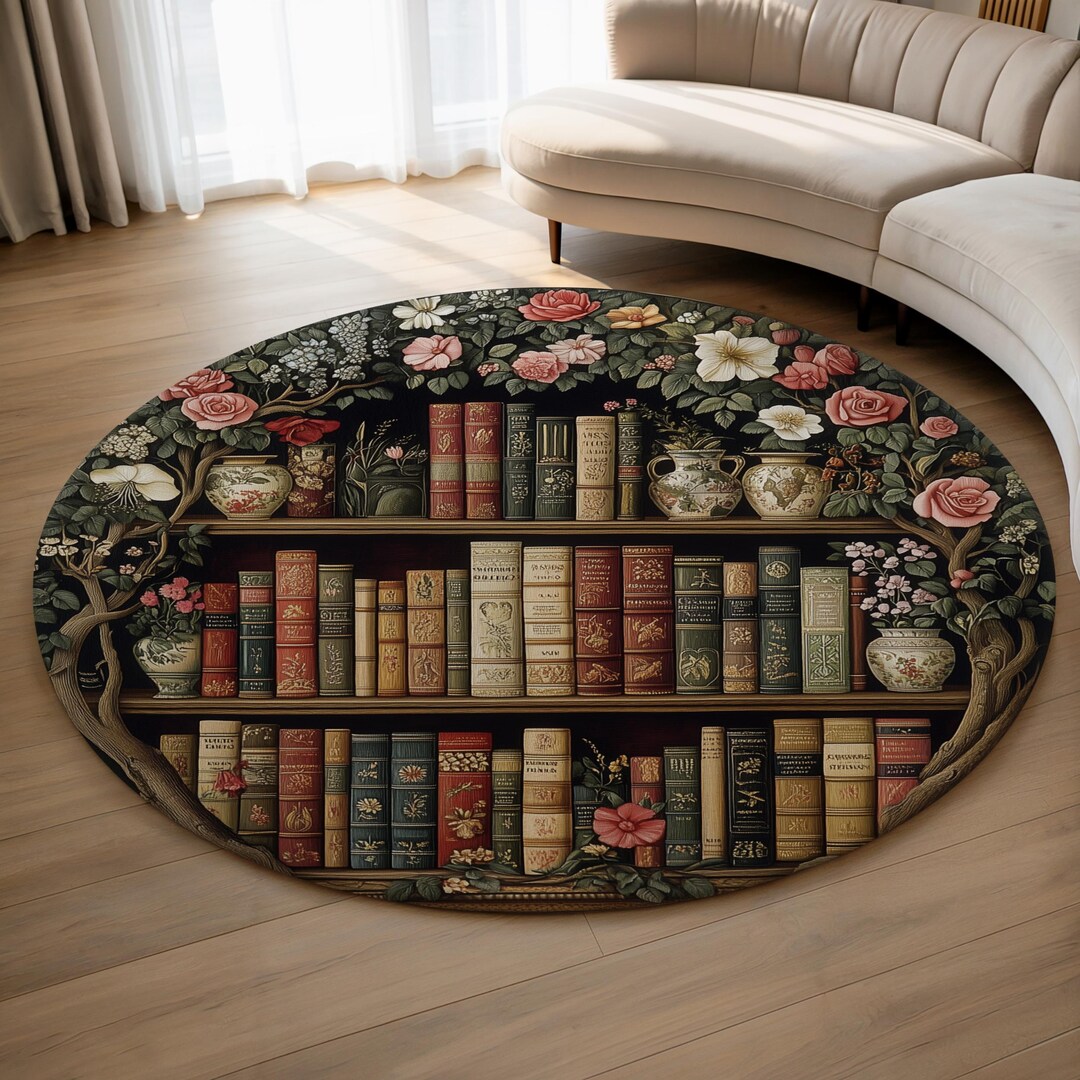 Literary Rug Vintage Library Bookshelf Round Rug, William Morris Inspired Dark ...