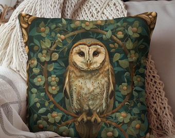 Woodland Owl Square Pillow, Cottagecore Forest Decor, William Morris Inspired Cushion, Home Decor Accent