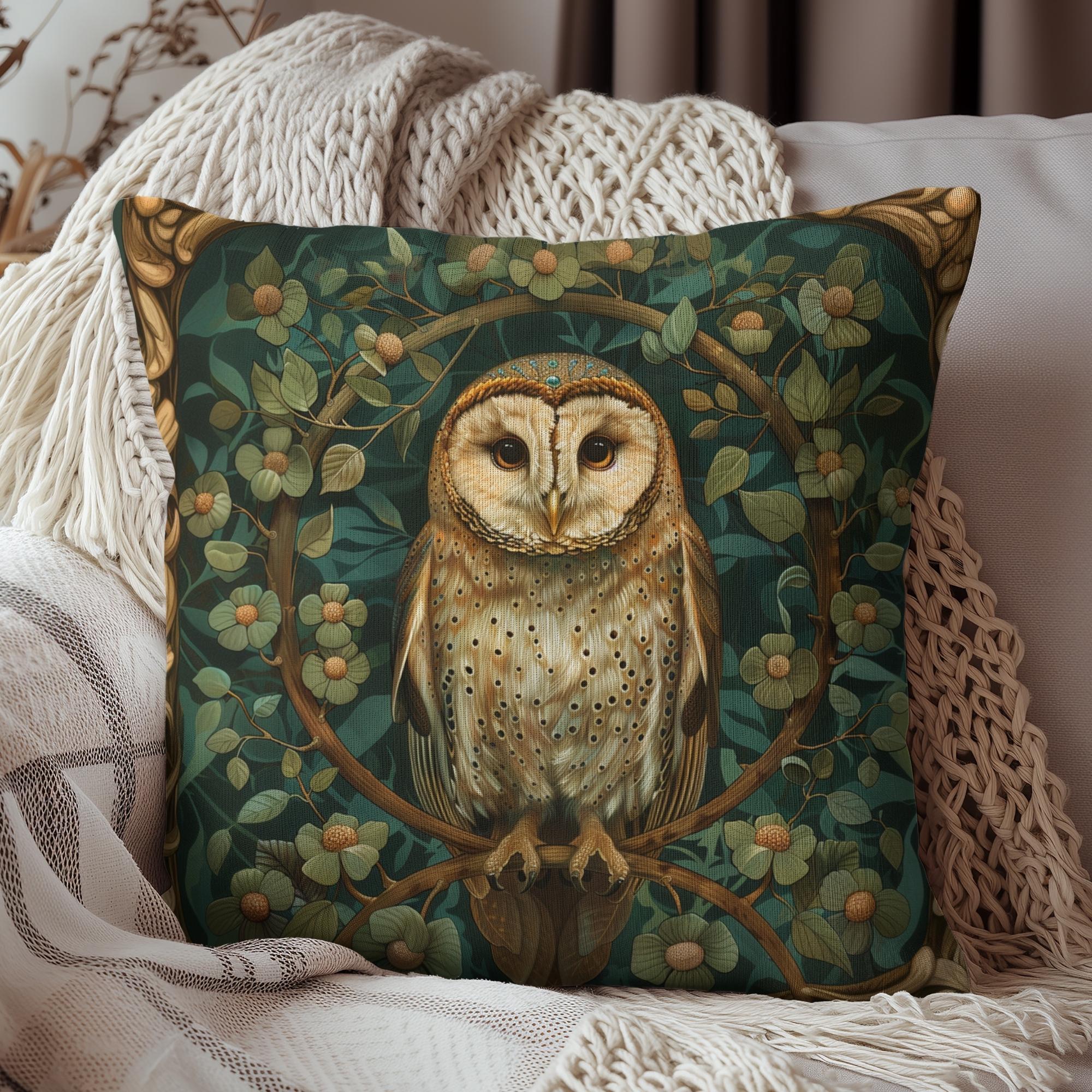 Woodland Owl Square Pillow, Cottagecore Forest Decor, William Morris Inspired Cushion, Home Decor Ac