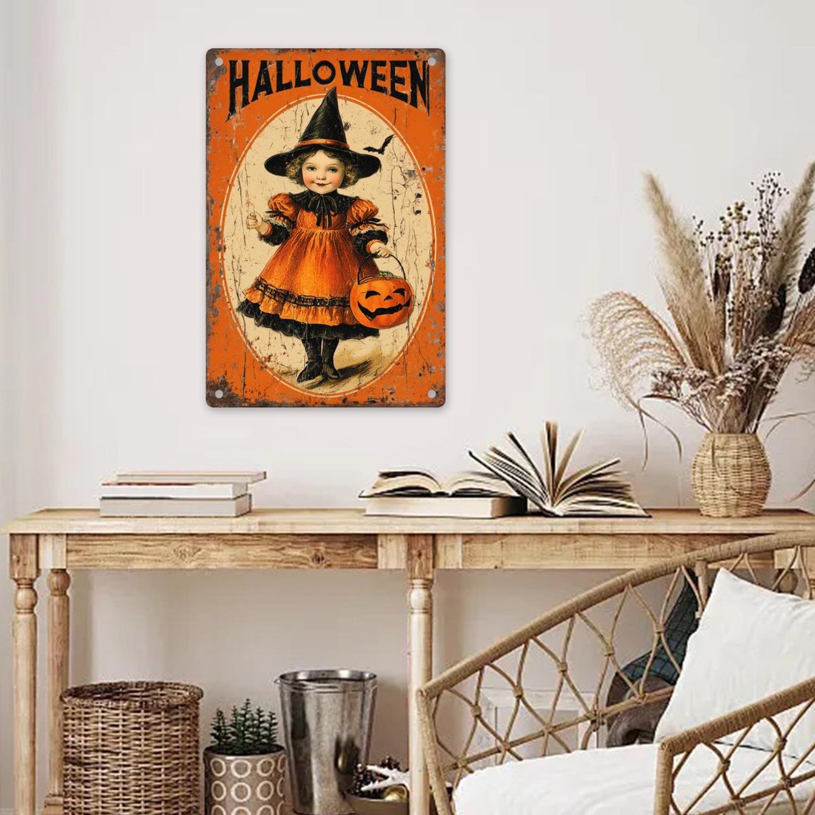 Vintage Halloween Witch Girl Metal Sign, Retro Pumpkin Trick or Treat ...