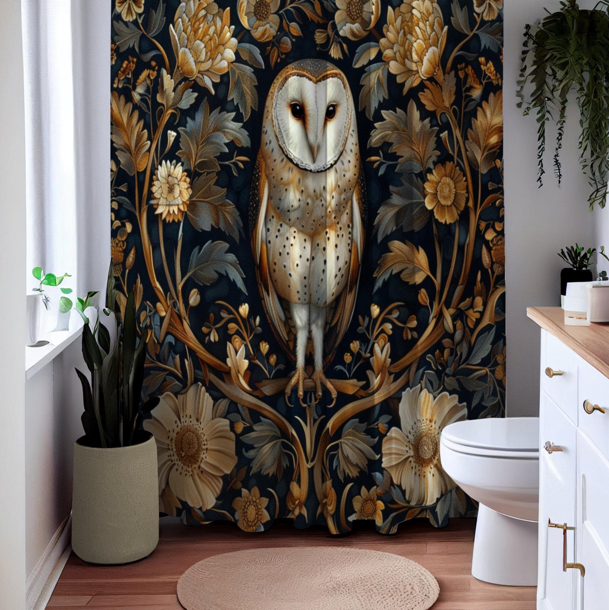 Vintage Barn Owl Shower Curtain: Art Deco Cottagecore Bathroom