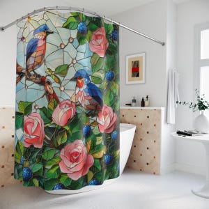 Faux Stained Glass Blue Birds Roses Field Polyester Shower Curtain