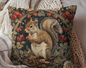 Botanical Squirrel Throw Pillow: Morris Inspired Cottagecore Decor