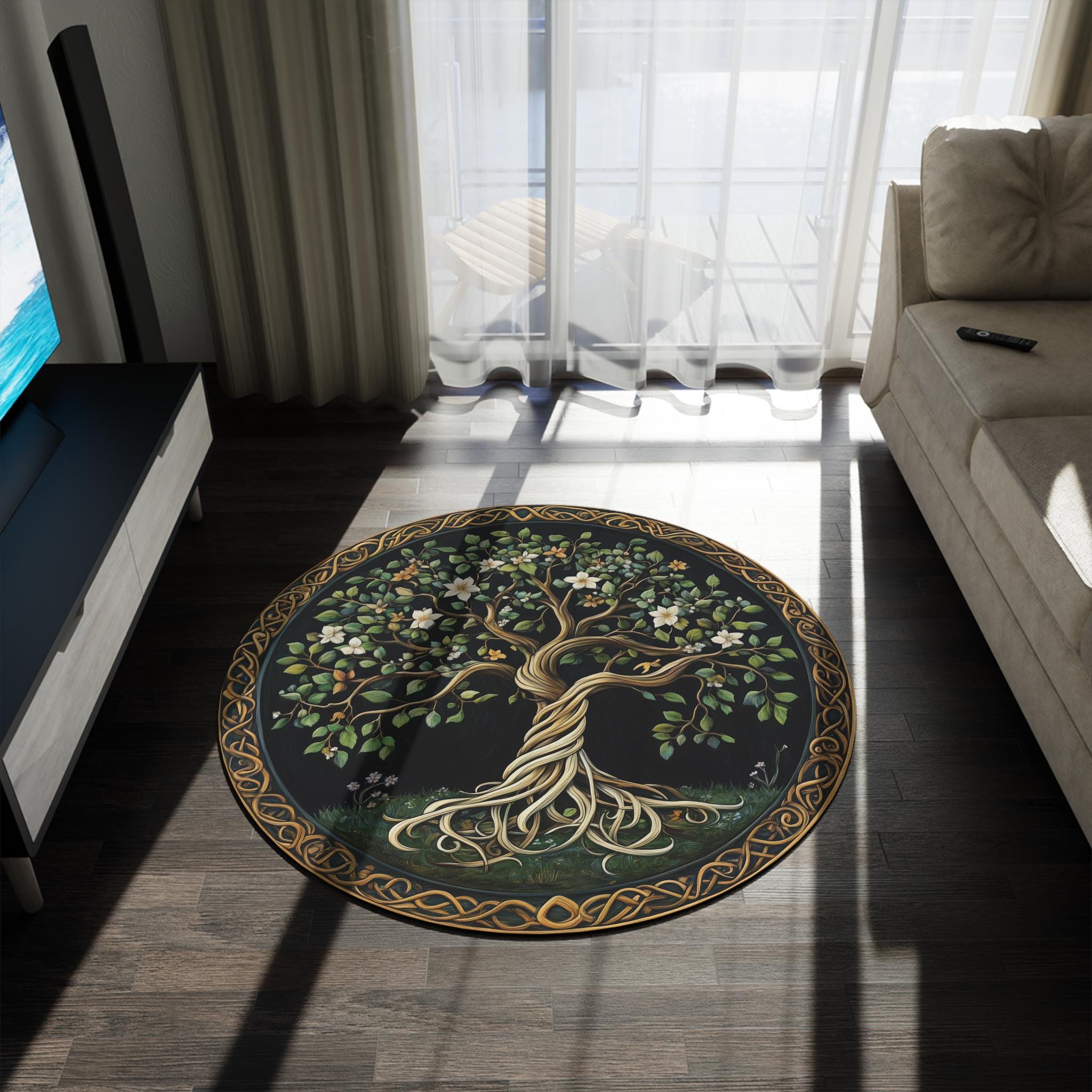 Tree of Life Round Rug, Celtic Knot Border, Botanical Nature-inspired ...