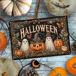 Halloween Ghosts & Pumpkins Vintage Wall Art – Fall Aluminum Sign (8x12 inch)