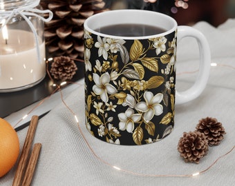 William Morris Inspired Frangipani flowers Coffee Mug 11oz