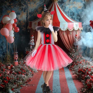 Circus Themed Little Girl&#39;s Red  Black Tulle Tutu Dress with White Gloves Handmade Circus-Inspired Girl Dress with Clown Hat party costume