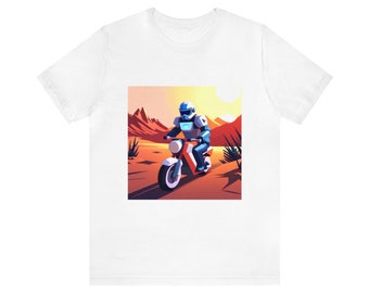 Robot riding motorbike in desert, Unisex Jersey Short Sleeve Tee