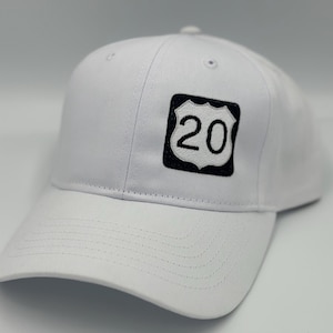 Hit the Highway in Style: HWY 20 Embroidered Cap - White Road Sign Adventure Hat