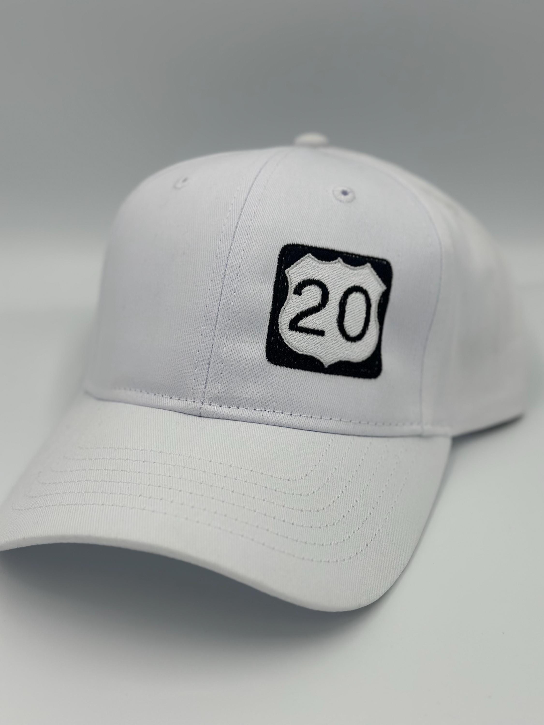 Hit the Highway in Style: HWY 20 Embroidered Cap - White Road Sign