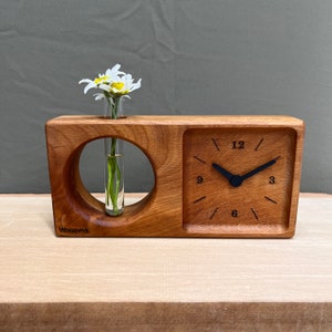 Handmade Beech Wood Desk Clock With Flower Tube, Rustic Office Decor - Etsy