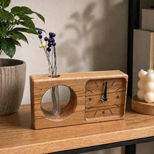 Handmade Beech Wood Desk Clock with Flower Tube, Rustic Office Decor