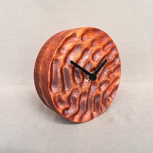 Carved wooden desk clock, Unique analog table clock with intricate pattern, Handcrafted office decor, Natural home decoration