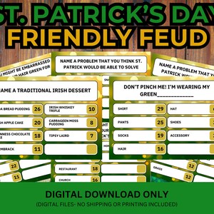 Könnte beinhalten: Ein druckbares St. Patrick's Day-Spiel namens "Friendly Feud" mit einem grün-goldenen Farbschema. Das Spiel enthält Fragen zur irischen Kultur und Tradition, wie zum Beispiel die Benennung eines traditionellen irischen Desserts oder eines Problems, das St. Patrick lösen könnte. Das Spiel ist für eine Gruppe von Personen zum gemeinsamen Spielen konzipiert.