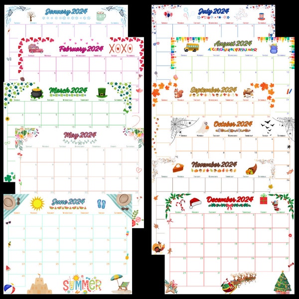Printable Calendars, Printable Kids Calendars, 2024 Calendars, Kids Calendars, Cute Calendars