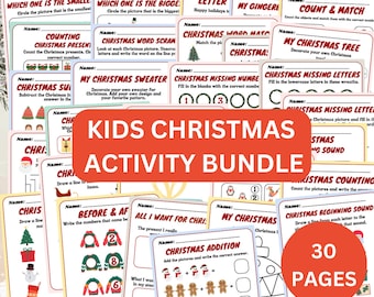 May include: A colorful printable activity bundle for kids featuring Christmas themes. The bundle includes 30 pages of activities such as counting, matching, word scrambles, missing letters, and more.