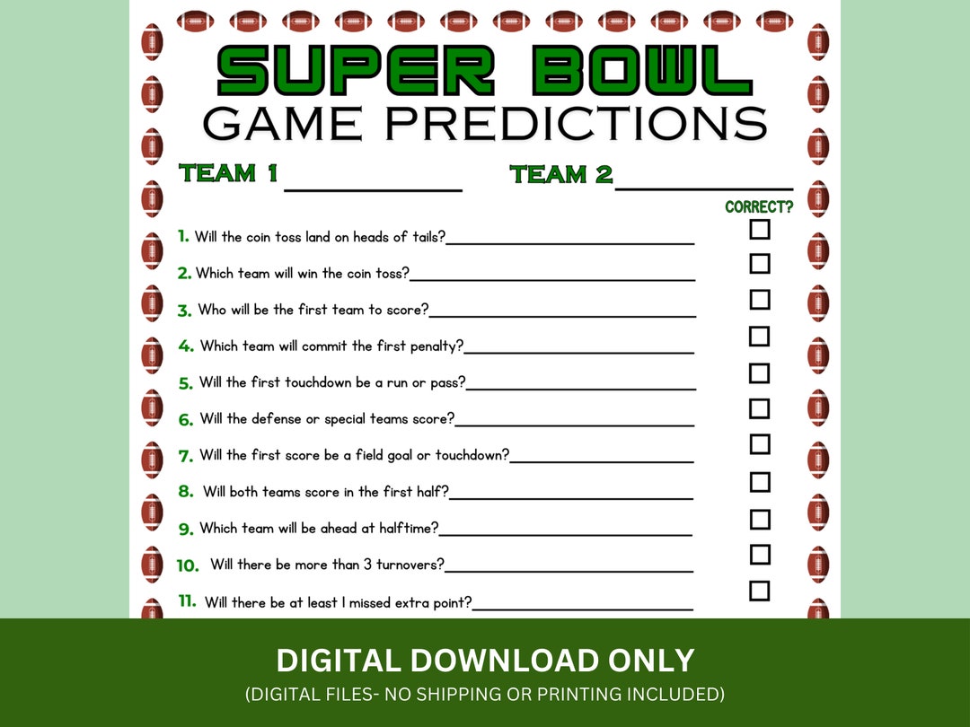 Super Bowl Predictions Game Printable Super Bowl Party Game Super Bowl 2024 Instant Download ...