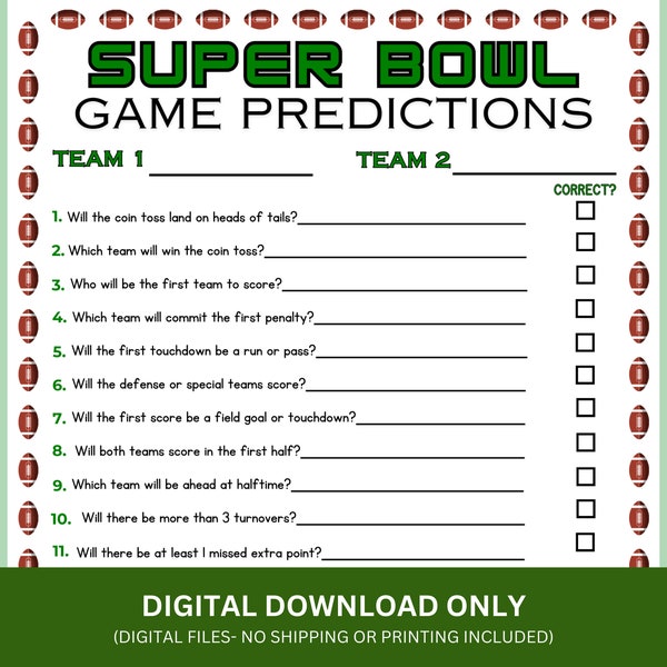 Super Bowl Predictions Game | Printable Super Bowl Party Game | Super Bowl 2024 Instant Download Game | Football Betting