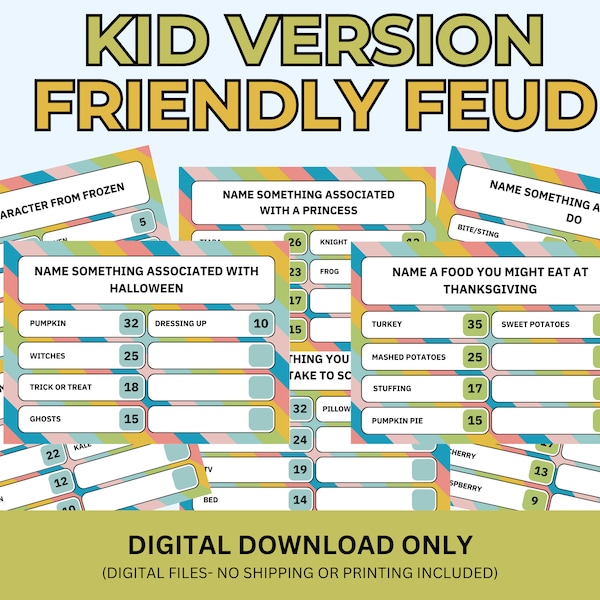 Kid Version Friendly Feud Game | Printable Family Feud Questions | Clean Family Feud Game | Friendly Feud Game | Kid Birthday Party Games