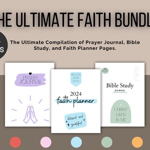 Könnte beinhalten: Ein digitales druckbares Bundle mit über 600 Seiten für das Führen eines Gebetsjournals, Bibelstudium und die Planung des Glaubens. Das Bundle enthält drei verschiedene Designs: ein violettes Gebetsjournal mit einem Symbol für betende Hände, ein blauer Glaubensplaner mit dem Text "His Love Never Ends" und "2024" sowie ein grünes Bibelstudienjournal mit dem Text "Christ Lives in Me".
