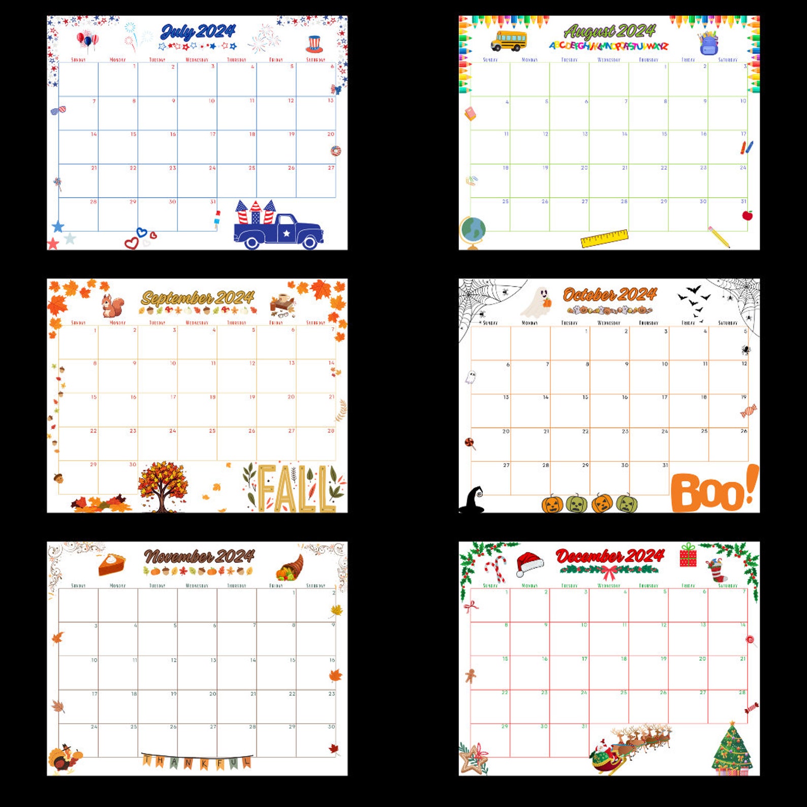 Printable Calendars, Printable Kids Calendars, 2024 Calendars, Kids