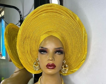 Nigeria, Afrika Gele headtie hoed, Aso-Oke stof, gele, hoofddoek, kant-en-klare Gele Autogele Ready Made Gele Auto Gele Afrika Nigeriaanse bruiloft