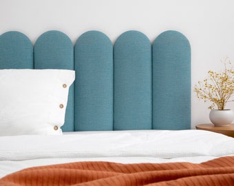 Blaues Leinen-Kopfteil • Gepolstertes weiches Wandpaneel • King-Size-Bett • Queen-Size-Bett • Twin-Bett • Full-Size-Bett • Pastellblaues Boho-Kopfteil •• Alle Bettgrößen