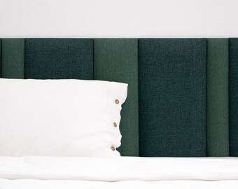 Groen tweekleurig hoofdbordpaneel • Groen linnen hoofdbord • Designerhoofdbord • Gestoffeerd zacht wandpaneel •• Alle bedmaten