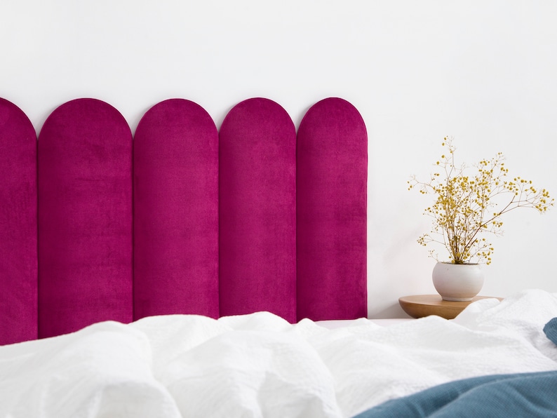 Fuchsia Headboard Panel Velvet Upholstered Headboard Upholstered Soft Wall Panel Round Wall Panel Bedroom Decor All Bed Sizes image 2